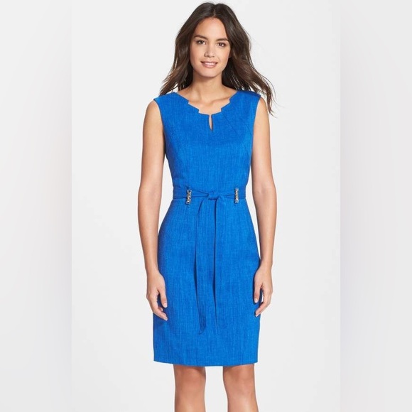 Ellen Tracy A-line Sleeveless Midi Dress Cobalt Blue Waist Accent Bow & Pockets - Picture 3 of 15